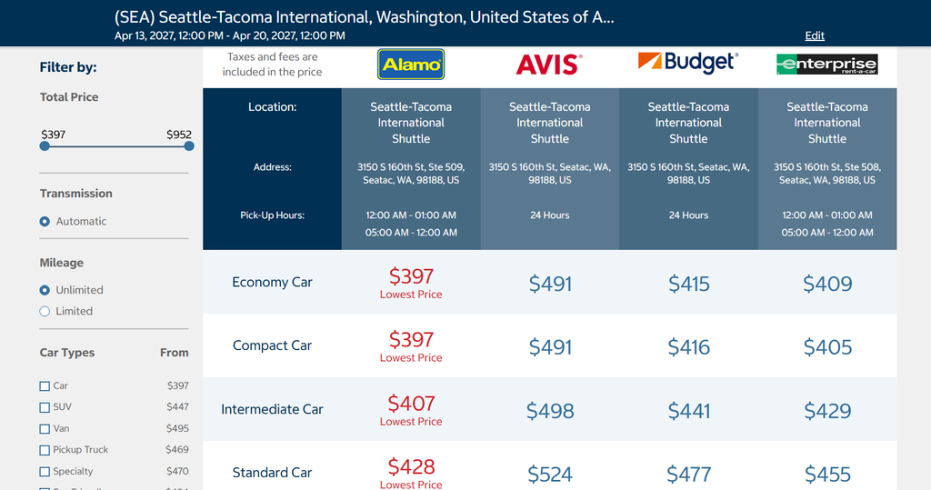 Page showing car information for Costco travel.