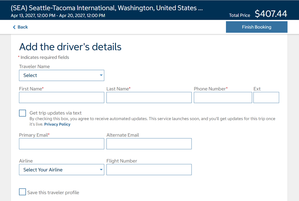 Driver's information form for renting a car through Costco.