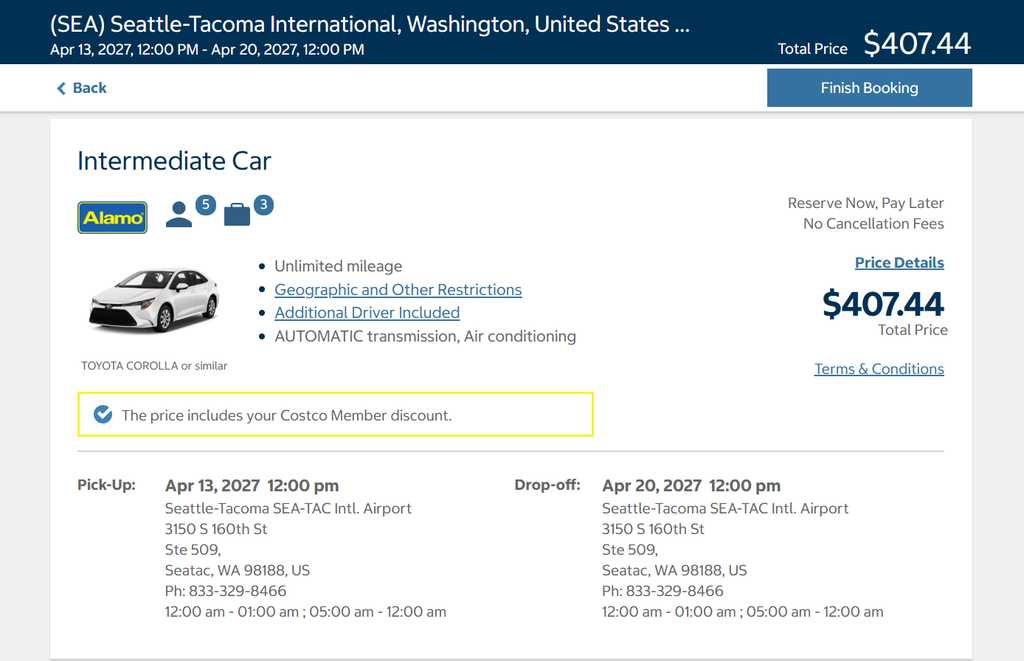The final booking page for renting a car through Costco rental car.