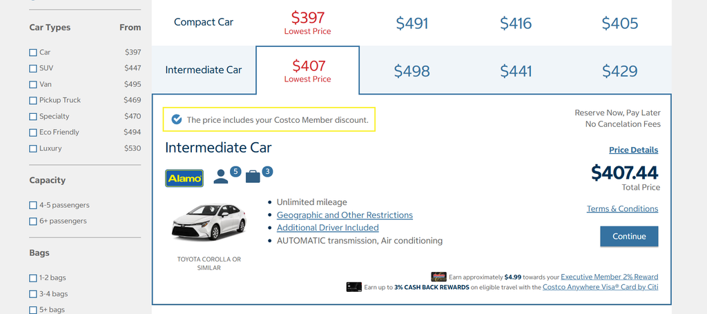 Page showing rental cars and prices for Seattle Airport through Costco rental car.