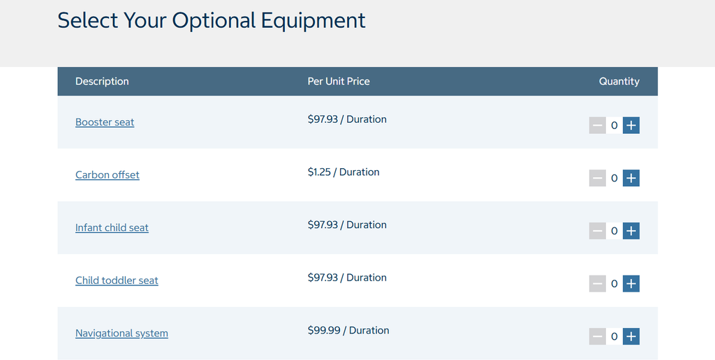 Page showing optional equipment that you can add onto your car rental through Costco Travel.