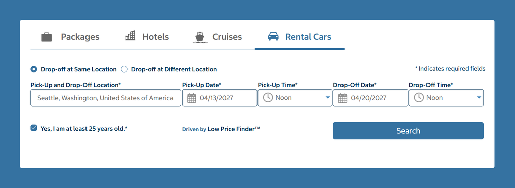 The sign up page for Costco Rental Car.