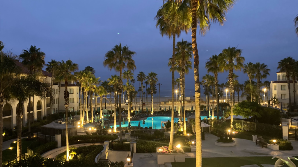 hyatt regency huntington beach resort and spa main pool area lit up at night